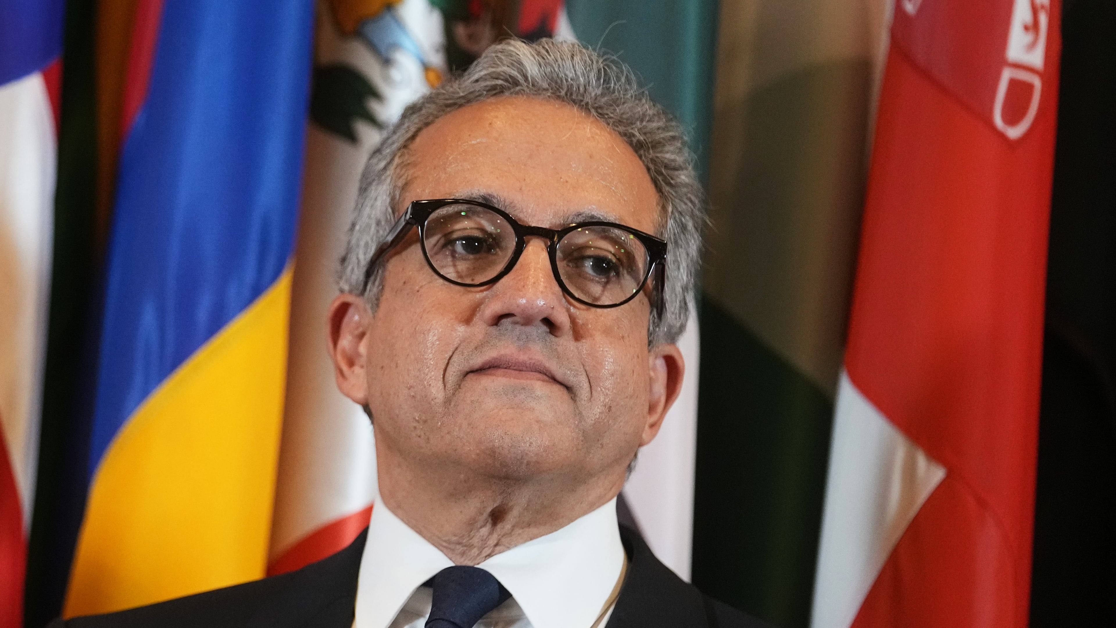 Egypt's Khaled El Enany attends a press conference after being elected Secretary-General by UNESCO executive board members, at the UNESCO headquarters in Paris, Monday, Oct. 6, 2025. (AP Photo/Thibault Camus)