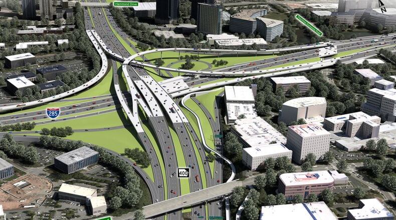An artist rendering shows the GA 400 at I-285 interchange reconstruction. GDOT