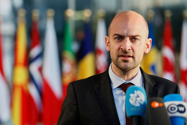 French Foreign Minister Jean-Noel Barrot addresses the media during a meeting of NATO foreign ministers at NATO headquarters in Brussels, Friday, April 4, 2025. (AP Photo/Geert Vanden Wijngaert)