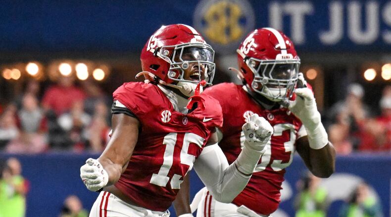 Alabama Crimson Tide linebacker Dallas Turner (15) reacts after stopping the Georgia Bulldogs during the first half of the SEC Championship football game at the Mercedes-Benz Stadium in Atlanta, on Saturday, December 2, 2023. (Hyosub Shin / Hyosub.Shin@ajc.com)
