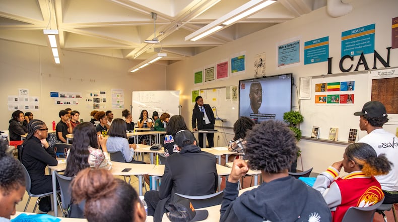 Rashad Brown teaches Advanced Placement African American Studies at Maynard Jackson High School in February 2023. State Schools Superintendent Richard Woods did not approve the course after its pilot, meaning schools will not receive funding for the course if they offer it. (Jenni Girtman for The Atlanta Journal-Constitution)