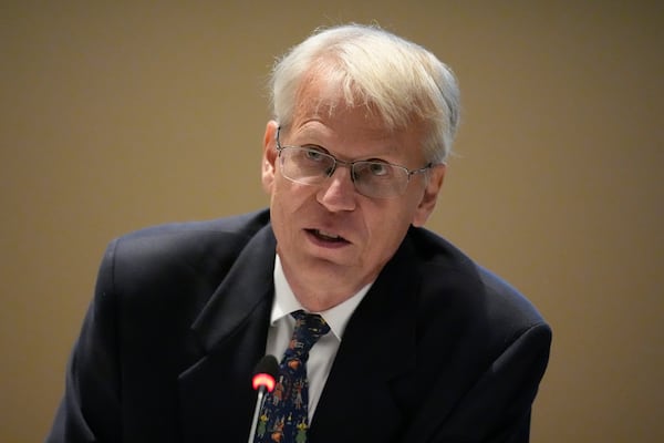 Dr. Martin Kulldorf speaks during a meeting of the Advisory Committee in Immunization Practices at the CDC, Wednesday, June 25, 2025, in Atlanta. (AP Photo/Mike Stewart)