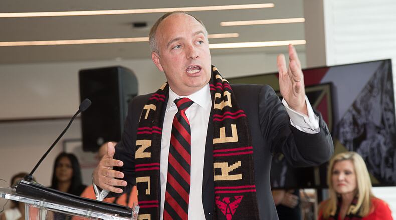 Atlanta United club president Darren Eales talks during the ground breaking ceremony of the Childrenâs Healthcare of Atlanta Training Ground in Marietta GA Tuesday 11, 2017. STEVE SCHAEFER / SPECIAL TO THE AJC