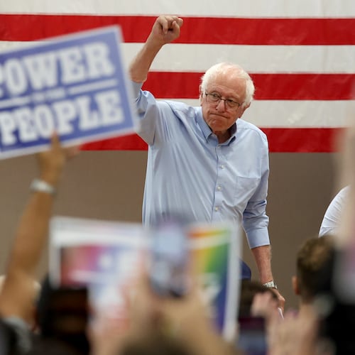 Sen. Bernie Sanders, I-Vt., walks onto the stage during a Get Out the Vote campaign event supporting Massachusetts Sen. Ed Markey in Boston, Saturday, Aug. 29, 2026. (AP Photo/Mark Stockwell)