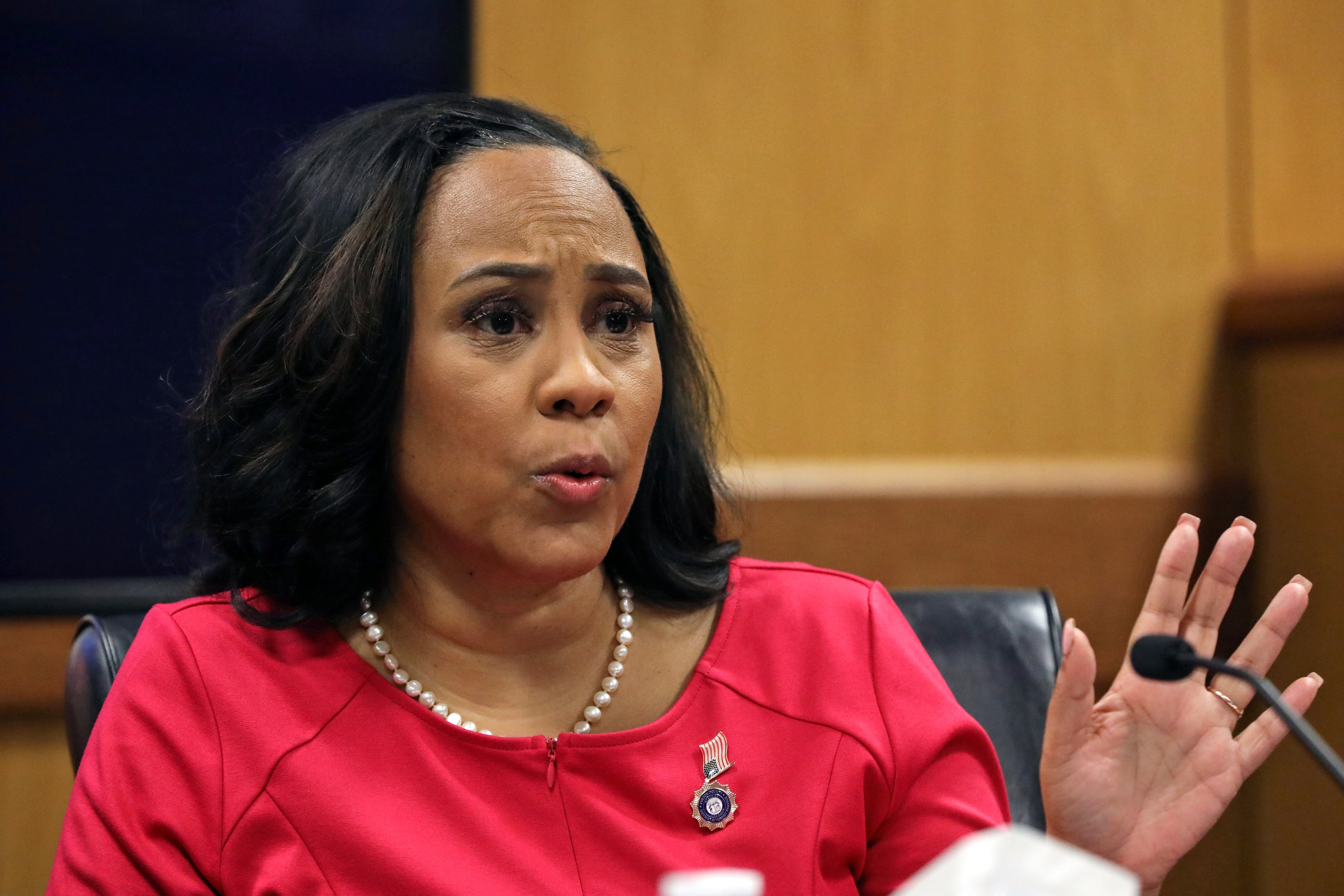 Fulton County District Attorney Fani Willis testifies during a hearing on the Georgia election interference case in February 2024. Willis' office ended up being removed from that case, against Donald Trump. (Alyssa Pointer/Pool photo via AP)
