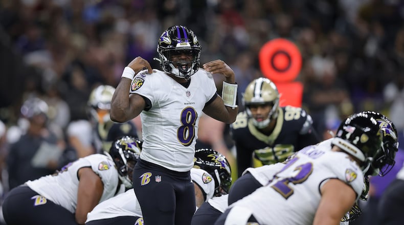 Lamar Jackson (8) of the Baltimore Ravens calls a play at the line during the first quarter against the New Orleans Saints at Caesars Superdome on Nov. 7, 2022, in New Orleans. (Jonathan Bachman/Getty Images/TNS)