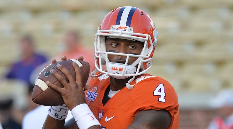 September 22, 2016 Atlanta - Clemson Tigers quarterback Deshaun Watson (4) warms up before their game against the Georgia Tech Yellow Jackets at Bobby Dodd Stadium on Thursday, September 22, 2016. HYOSUB SHIN / HSHIN@AJC.COM