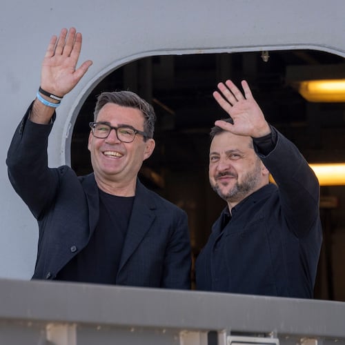 Britain's Prime Minister Andy Burnham, left, and Ukraine's President Volodymyr Zelenskyy visit HM Naval Base in Portsmouth, England, Monday July 27, 2026. (Simon Jones/Pool Photo via AP)