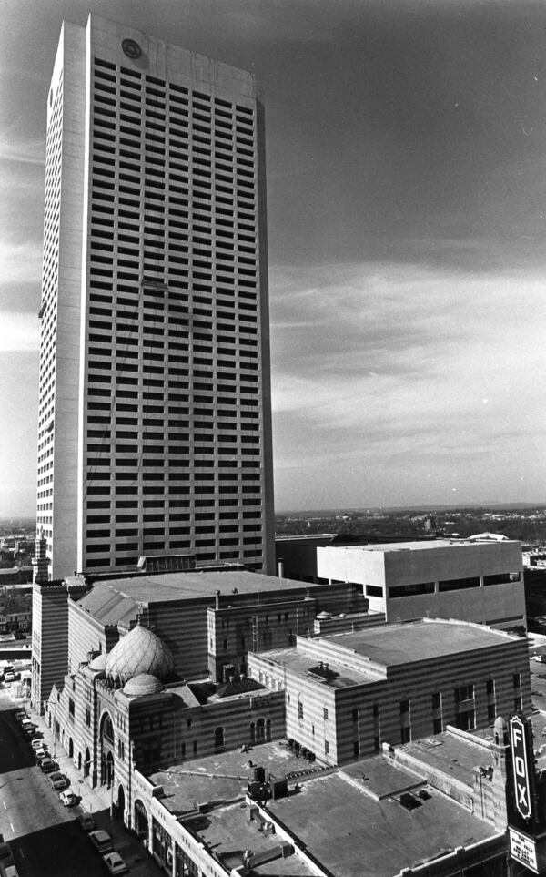 New Southern Bell headquarters building looms over the Peachtree and Ponce de Leon area and the Fox Theatre. (Bill Mahan/AJC 1981)