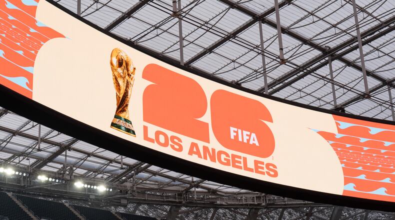 The FIFA World Cup 2026 Los Angeles logo is displayed during a media event for the upcoming FIFA World Cup at SoFi Stadium in Inglewood, Calif., Tuesday, May 12, 2026. (AP Photo/Jae C. Hong)