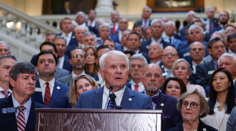House Speaker Jon Burns speaks at the state Capitol in Atlanta on Wednesday, June 17, 2026. Burns has made property tax relief a top priority this year. (Arvin Temkar/AJC)