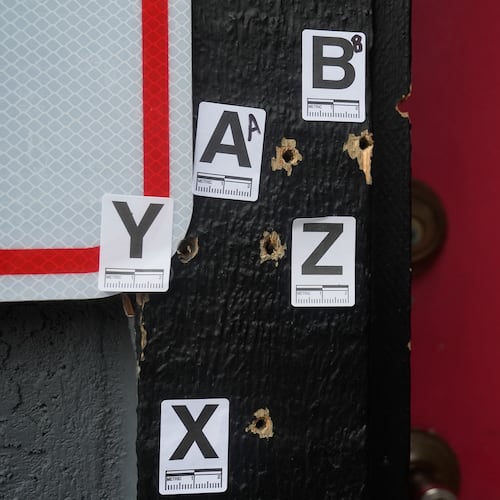 Bullet holes are shown where a mass shooting took place Saturday at a banquet hall in Stockton, Calif., Monday, Dec. 1, 2025. (AP Photo/Jeff Chiu)