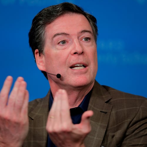 FILE - Former Director of the Federal Bureau of Investigation James Comey at Harvard University's Institute of Politics' JFK Jr. Forum in Cambridge, Mass., Feb. 24, 2020. (AP Photo/Charles Krupa, File)