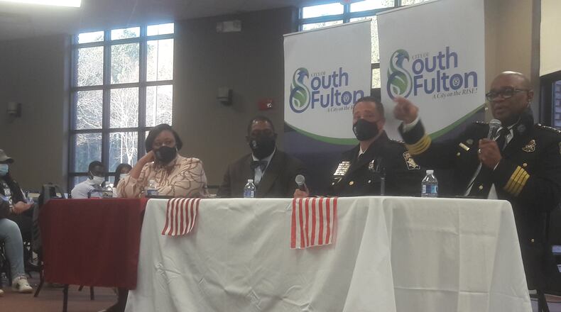 From left to right at main table: South Fulton Councilwoman Helen Willis, Fulton County Commissioner Marvin Arrington Jr., Sheriff Patrick Labat and South Fulton Police Chief Keith Meadows. The four hosted a town hall on public safety at Friendship Community Church on March 23, 2023.