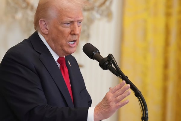 President Donald Trump speaks at a reception celebrating Women's History Month in the East Room of the White House, Wednesday, March 26, 2025, in Washington. (AP Photo/Jacquelyn Martin)