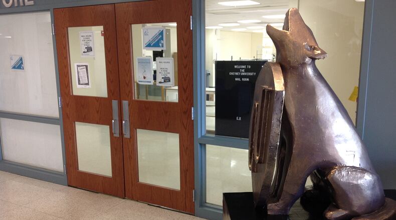 The Lone Wolf. A statue of a howling wolf sits outside of the Cheyney University bookstore. Meager finances at the school forced the closing of the bookstore. (Ernie Suggs / esuggs@ajc.com)