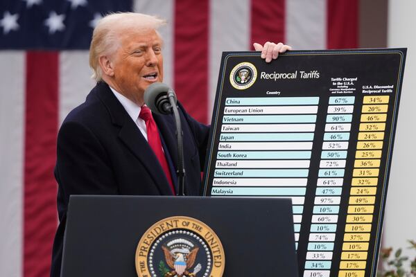 President Donald Trump speaks during an event to announce new tariffs in the Rose Garden at the White House, Wednesday, April 2, 2025, in Washington. (AP Photo/Mark Schiefelbein)