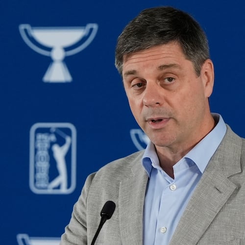 FILE - PGA Tour CEO Brian Rolapp speaks before a practice round of the Tour Championship golf tournament, Wednesday, Aug. 20, 2025, in Atlanta. (AP Photo/Mike Stewart, File)