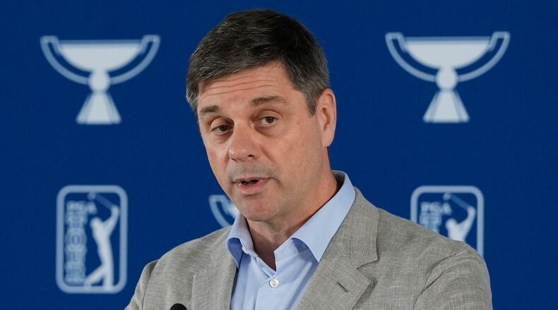 FILE - PGA Tour CEO Brian Rolapp speaks before a practice round of the Tour Championship golf tournament, Wednesday, Aug. 20, 2025, in Atlanta. (AP Photo/Mike Stewart, File)