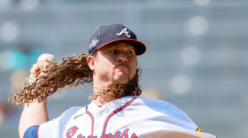 Braves starting pitcher Grant Holmes, once a heralded prospect who was stuck in the minors for a decade, debuted in 2024 and had immediate success. (Miguel Martinez/AJC)