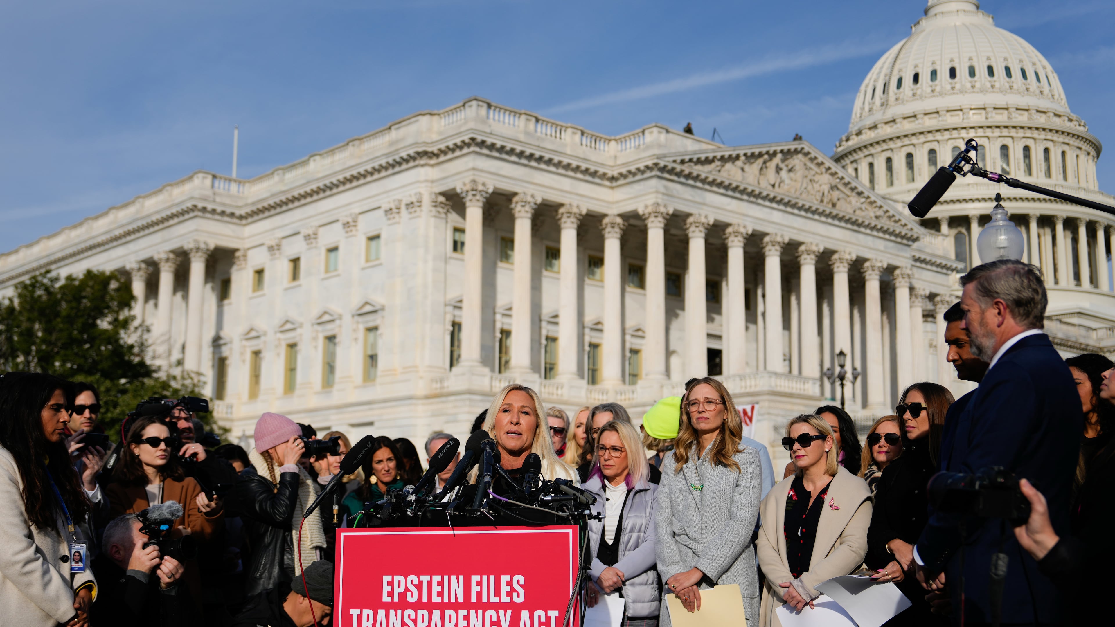 Rep. Marjorie Taylor Greene, R-Ga., speaks during a news conference on the Epstein Files Transparency Act, Tuesday, Nov. 18, 2025, outside the U.S. Capitol in Washington. (AP Photo/Julia Demaree Nikhinson)