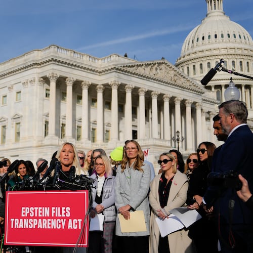 Rep. Marjorie Taylor Greene, R-Ga., speaks during a news conference on the Epstein Files Transparency Act, Tuesday, Nov. 18, 2025, outside the U.S. Capitol in Washington. (AP Photo/Julia Demaree Nikhinson)