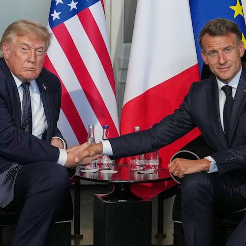 President Donald Trump meets with French President Emmanuel Macron during a bilateral meeting on the sidelines of the G7 summit, Monday, June 15, 2026, in Evian-les-Bains, France. (AP Photo/Julia Demaree Nikhinson)
