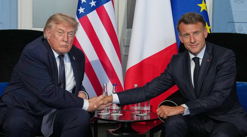 President Donald Trump meets with French President Emmanuel Macron during a bilateral meeting on the sidelines of the G7 summit, Monday, June 15, 2026, in Evian-les-Bains, France. (AP Photo/Julia Demaree Nikhinson)