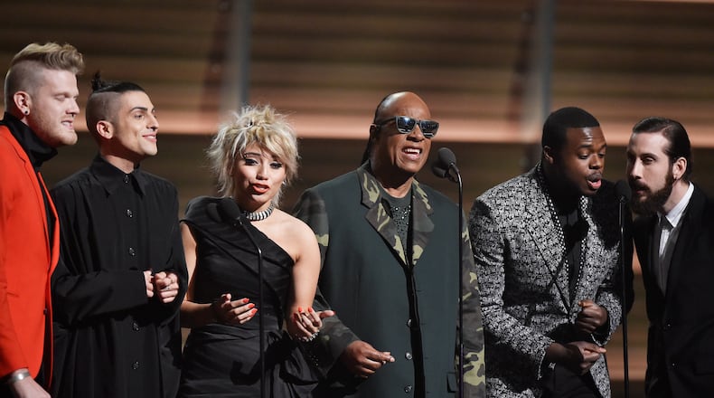 LOS ANGELES, CA - FEBRUARY 15: Recording artist Stevie Wonder (C) and the Pentatonix perform onstage during The 58th GRAMMY Awards at Staples Center on February 15, 2016 in Los Angeles, California. (Photo by Kevork Djansezian/Getty Images for NARAS)