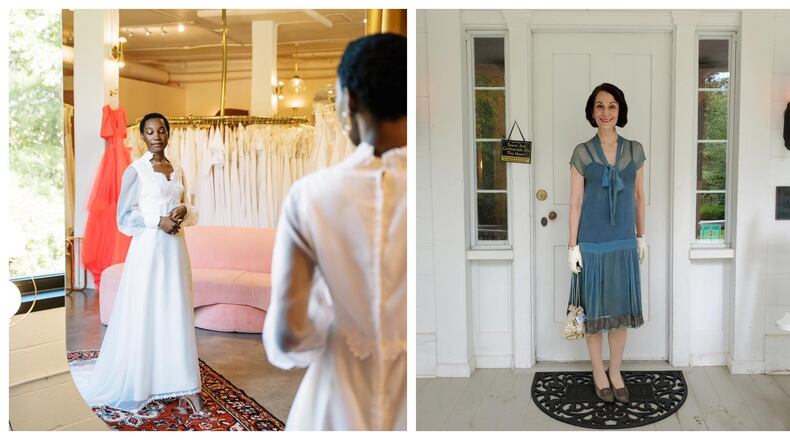 Vintage bridal gowns are popular; Liza Dolensky in a little flapper dress.
(Courtesy of The Sentimentalist / Hannah Forsberg; Liza Dolensky)