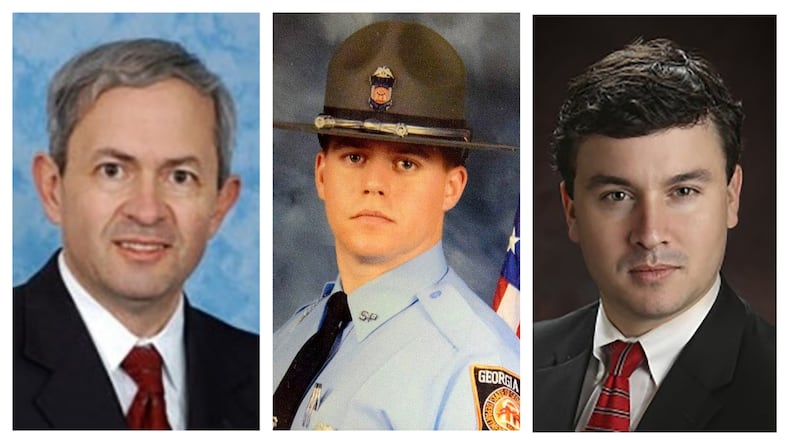 Left to right | Judge John Simpson (photo credit: Coweta County official website); fired trooper and criminal defendant Anthony Scott (credit: Georgia State Patrol); Carroll County District Attorney Herb Cranford (credit: Coweta Judicial Circuit official website)