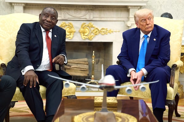 President Donald Trump meets South Africa's President Cyril Ramaphosa in the Oval Office of the White House, Wednesday, May 21, 2025, in Washington. (AP Photo/Evan Vucci)