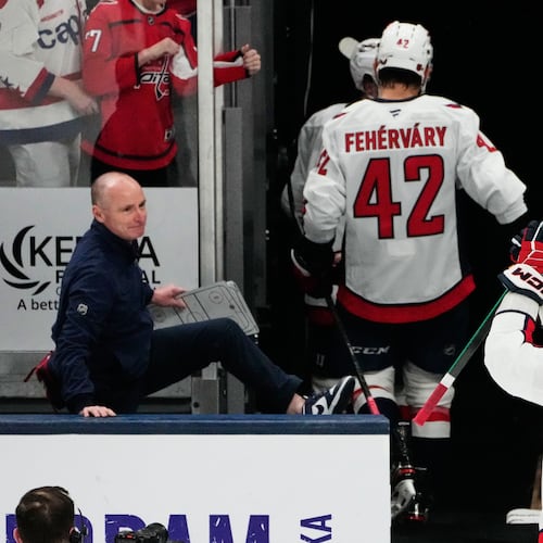 Washington Capitals left wing Alex Ovechkin (8) acknowledges fans as he leaves the ice after the Capitals defeated the Columbus Blue Jackets in an NHL hockey game Tuesday, April 14, 2026, in Columbus, Ohio. (AP Photo/Sue Ogrocki)