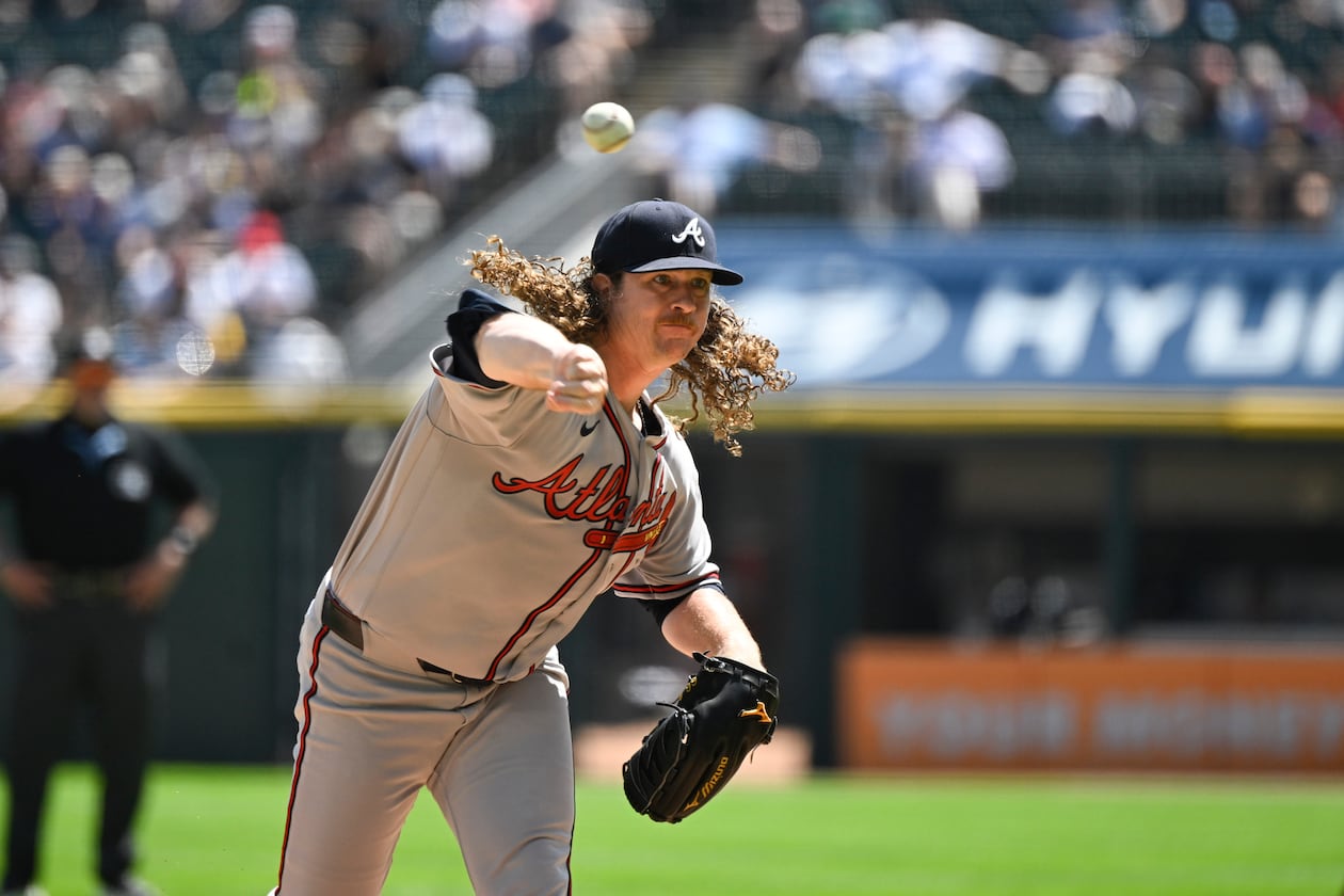 Atlanta Braves pitcher Grant Holmes delivers during the first inning of a baseball game against the Chicago White Sox, Thursday, Aug. 20, 2026, in Chicago. (Matt Marton/AP)