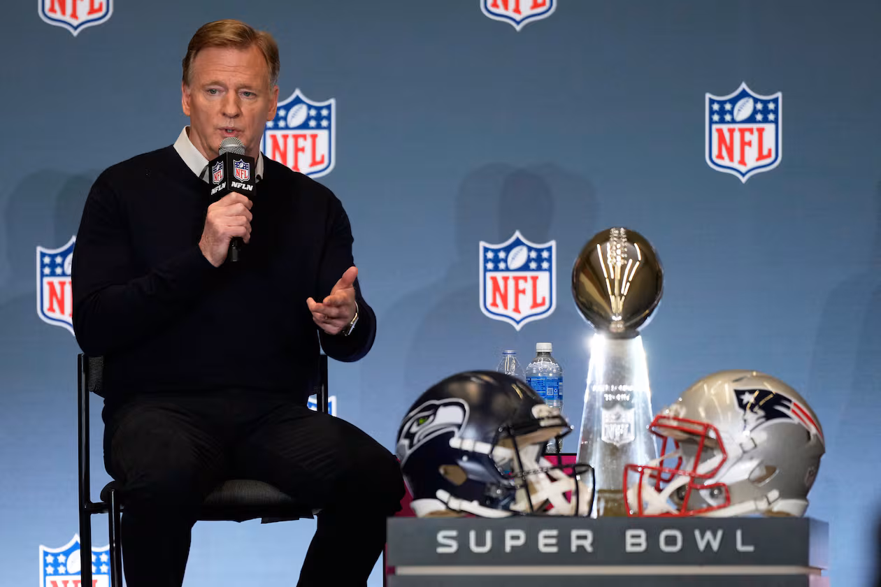 NFL commissioner Roger Goodell speaks during his state of the NFL news conference on Monday, Feb. 2, 2026, in San Jose, Calif., ahead of the Super Bowl 60 football game between the Seattle Seahawks and the New England Patriots. (Matt York/AP)