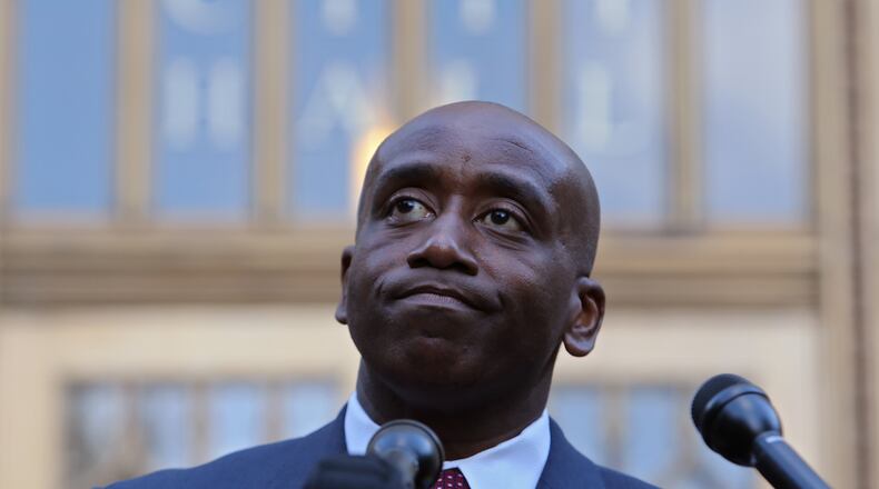 Atlanta City Councilman Lamar Willis pauses while speaking to the media Monday afternoon October 7, 2013 about being disbarred by the Georgia Supreme Court for ethical breaches.