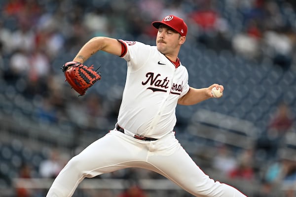 Washington Nationals pitcher Mitchell Parker throws during the second inning of a baseball game against the Atlanta Braves in Washington, Tuesday, May 20, 2025. (AP Photo/Terrance Williams)