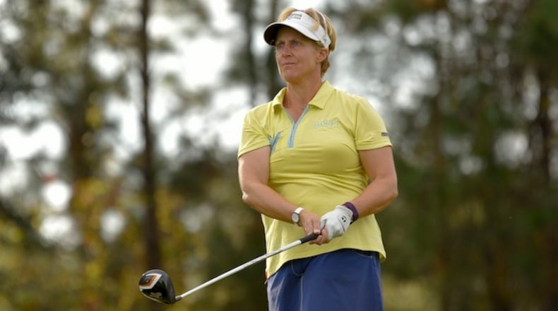 Nicole Jeray looks across a green during the first round of the final stage of LPGA Q-School at LPGA International in Daytona Beach, Fla., Dec. 2 2015. Jeray's life as a touring professional has been anything but typical since 1996, when she was found to have narcolepsy, but she has persisted since her 1994 rookie season, and earned LPGA partial status this year. (Scott Miller/The New York Times)