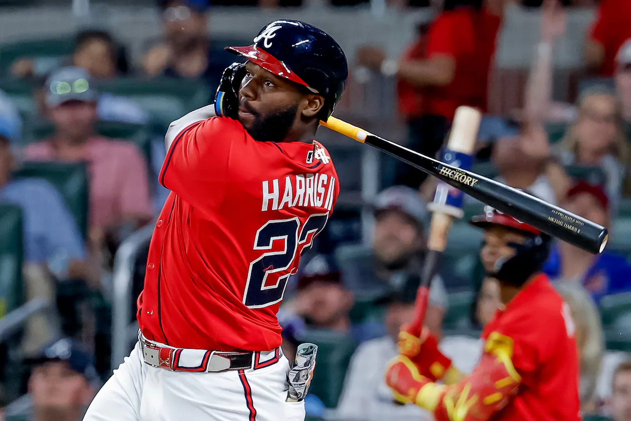 Atlanta Braves pinch hitter Michael Harris II follows through on a two-RBI double against the Philadelphia Phillies during the sixth inning of a baseball game, Friday, April 24, 2026, in Atlanta. (Erik S. Lesser/AP)