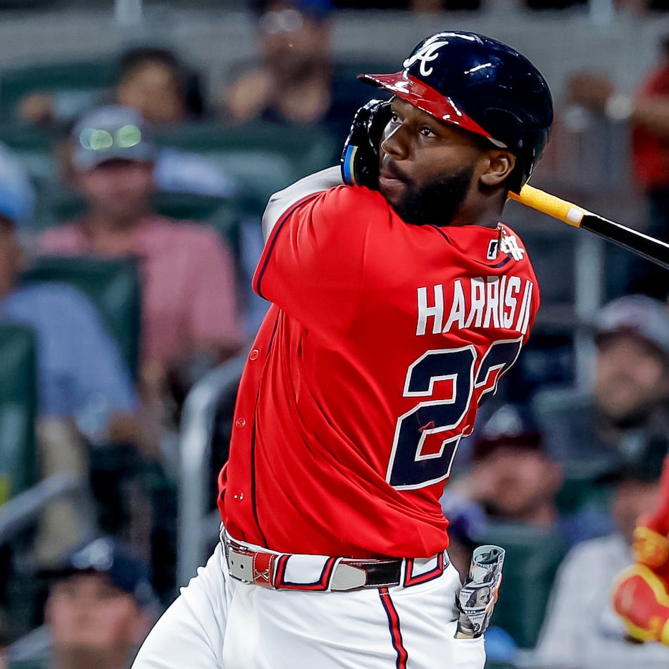 Atlanta Braves pinch hitter Michael Harris II follows through on a two-RBI double against the Philadelphia Phillies during the sixth inning of a baseball game, Friday, April 24, 2026, in Atlanta. (Erik S. Lesser/AP)