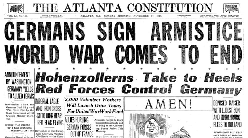 Front page from The Atlanta Constitution, Nov. 11, 1918