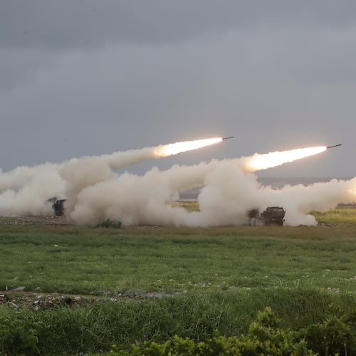 Rockets are launched from High Mobility Artillery Rocket System (HIMARS) during a military live-fire shooting training in Taichung City, Taiwan, Wednesday, June 10, 2026. (AP Photo/Chiang Ying-ying)