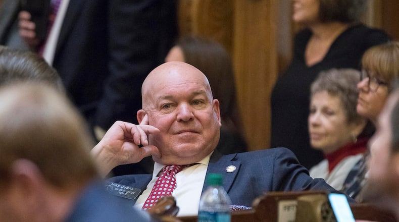 01/14/2019 -- Atlanta, Georgia -- Senate majority leader Mike Dugan (center) listens as members of the Senate minority party seek answers for Senate Bill 4 during the first session in the Senate chambers at the State Capitol building, Monday, January 14, 2019. (ALYSSA POINTER/ALYSSA.POINTER@AJC.COM)