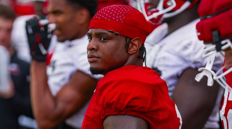 Georgia running back Trevor Etienne (1) looks on from the sideline during a practice session on Tuesday, Aug. 20, 2024, at Woodruff Practice Fields in Athens. (Photo by Conor Dillon/UGA Athletics)