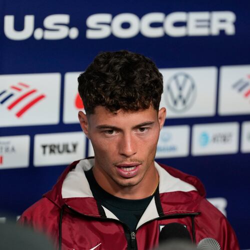 United States' Sebastian Berhalter speaks with the media before a training session ahead of the FIFA World Cup match against Australia in Irvine, Calif., Tuesday, June 16, 2026. (AP Photo/Andre Penner)