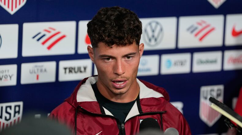United States' Sebastian Berhalter speaks with the media before a training session ahead of the FIFA World Cup match against Australia in Irvine, Calif., Tuesday, June 16, 2026. (AP Photo/Andre Penner)