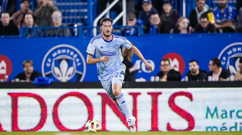 Atlanta United midfielder Alexey Miranchuk dribbles the ball during the match against the CF Montreal at Stade Saputo in Montreal on Tuesday Oct. 22, 2024. (Photo by Mitch Martin/Atlanta United)