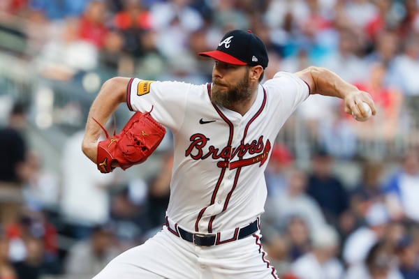 Atlanta Braves' Chris Sale pitches during the first inning of a baseball game against the Cincinnati Reds, Tuesday, May 6, 2025, in Atlanta. (AP Photo/Butch Dill)