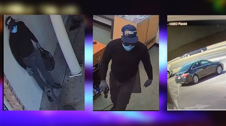 Gwinnett County police released photos of an armed robbery suspect and his black Toyota Camry after they say he stole cash, jewelry and guns from a Cash America pawn shop on Stone Mountain Highway.