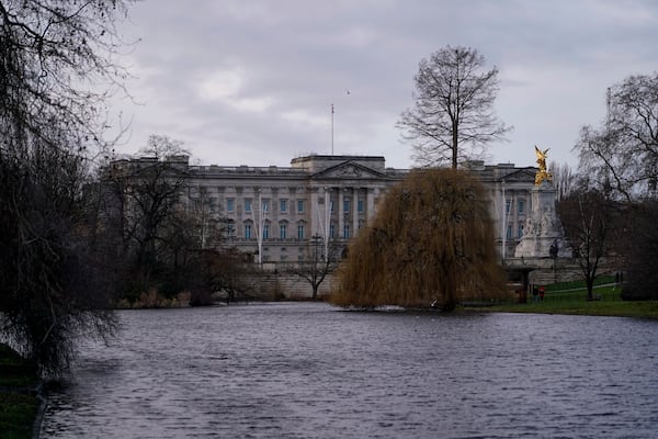 FILE - General view of Buckingham Palace and Queen Victoria Memorial on the day that marks the 70th anniversary of Britain's Queen Elizabeth's accession to the throne, in London, Sunday, Feb. 6, 2022. (AP Photo/Alberto Pezzali, File)